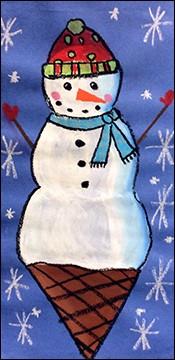 image of a child's drawing of a snowman on top of an ice cream cone 